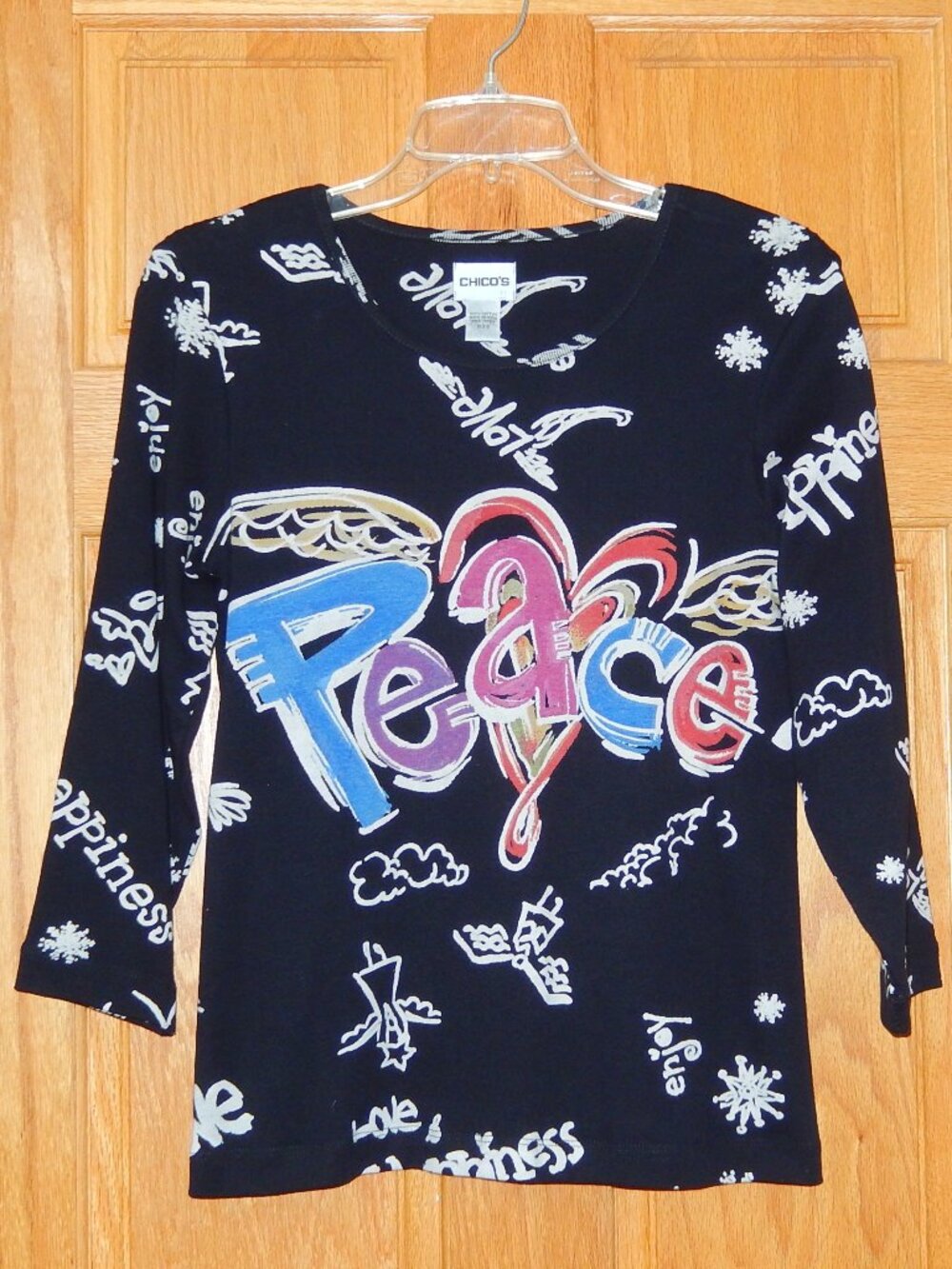Chico's Peace Top Knit Graffiti Love Happiness Enjoy Black Multi Size 0 Small